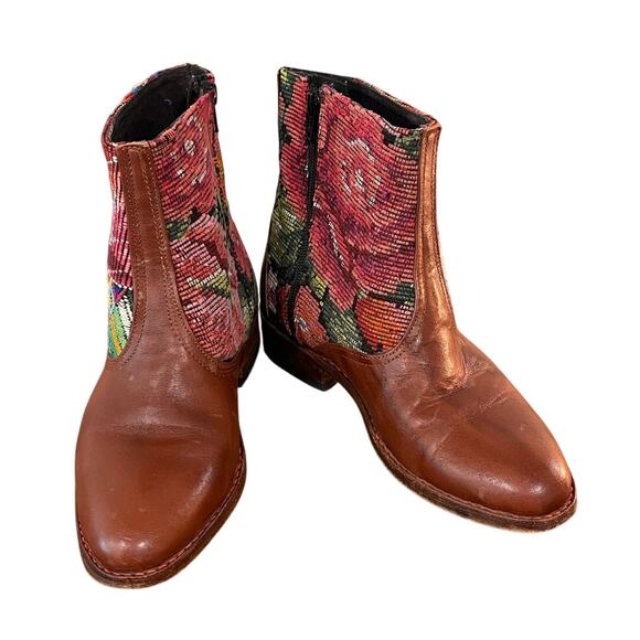 Artisan Handmade Leather Boots Guatemalan Huipil Textile Boho Ankle Boot - Picture 3 of 12